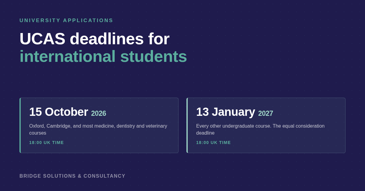 15 October 2026 and 13 January 2027 UCAS deadlines, both 18:00 UK time